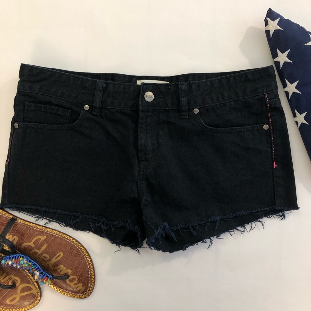 VS PINK Dark wash denim jean shorts w/ frayed hem